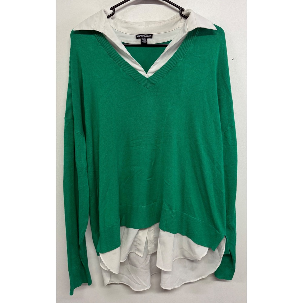Hilary Radley Green Layered V-Neck Sweater White Collar Top XXL CU11363-2198